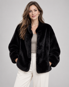 Women's Soft Teddy Fleece Jacket with Stand Collar and Zip Front