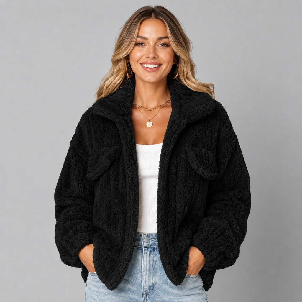 Women's Oversized Teddy Fleece Borg Jacket with Collar and Zip Front