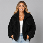 Women's Oversized Teddy Fleece Borg Jacket with Collar and Zip Front