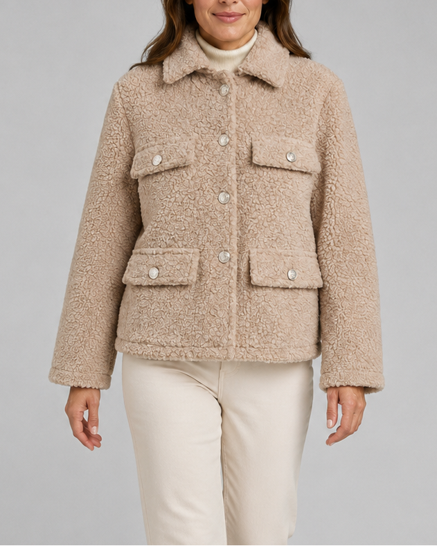 Women's Teddy Fleece Jacket with Collar and Flap Pockets