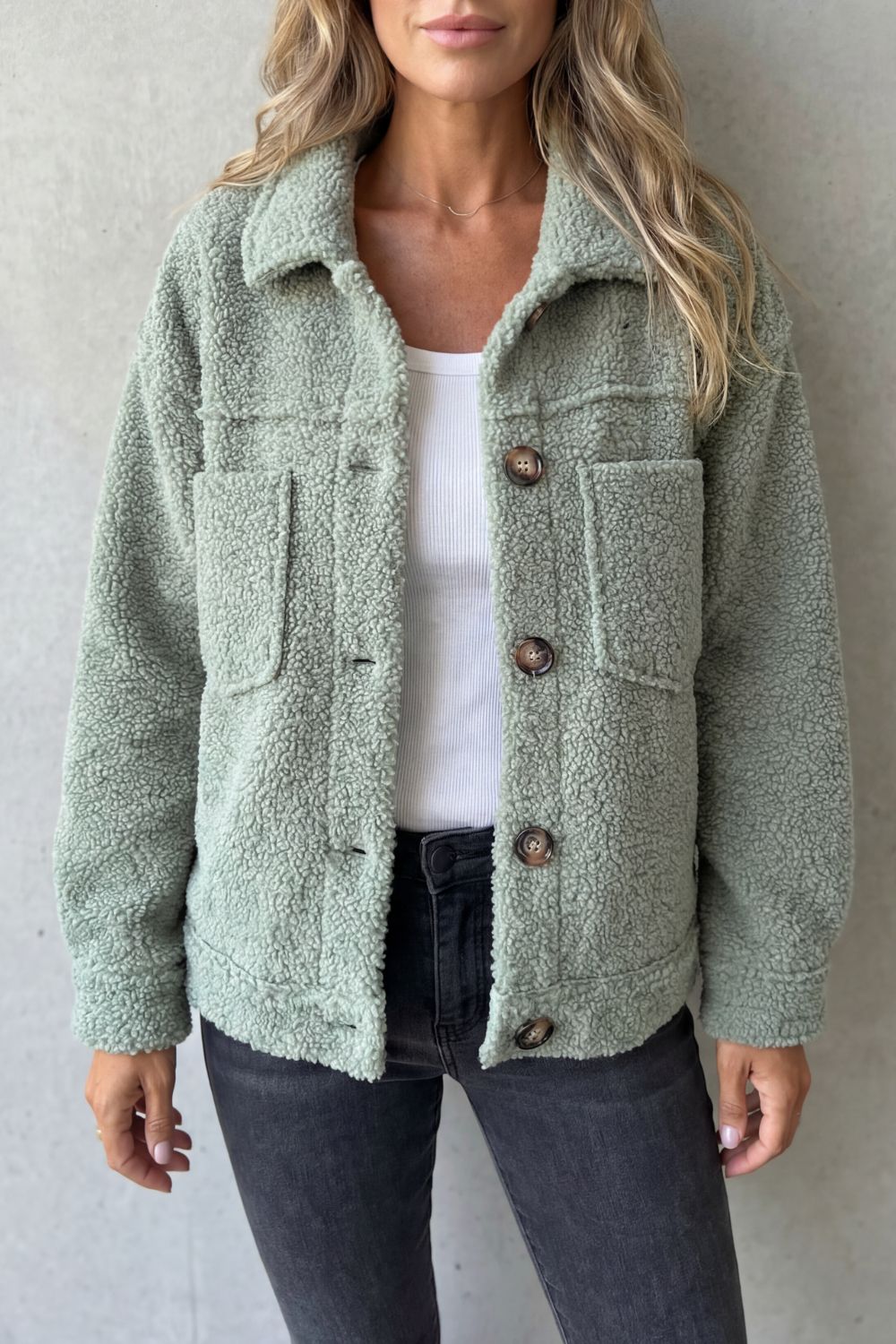 Women's Teddy Fleece Jacket with Button Front and Chest Pockets