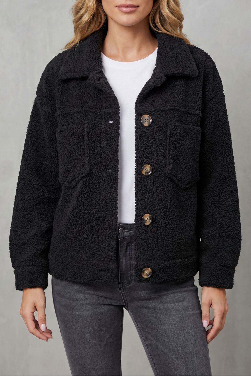 Women's Teddy Fleece Jacket with Button Front and Chest Pockets