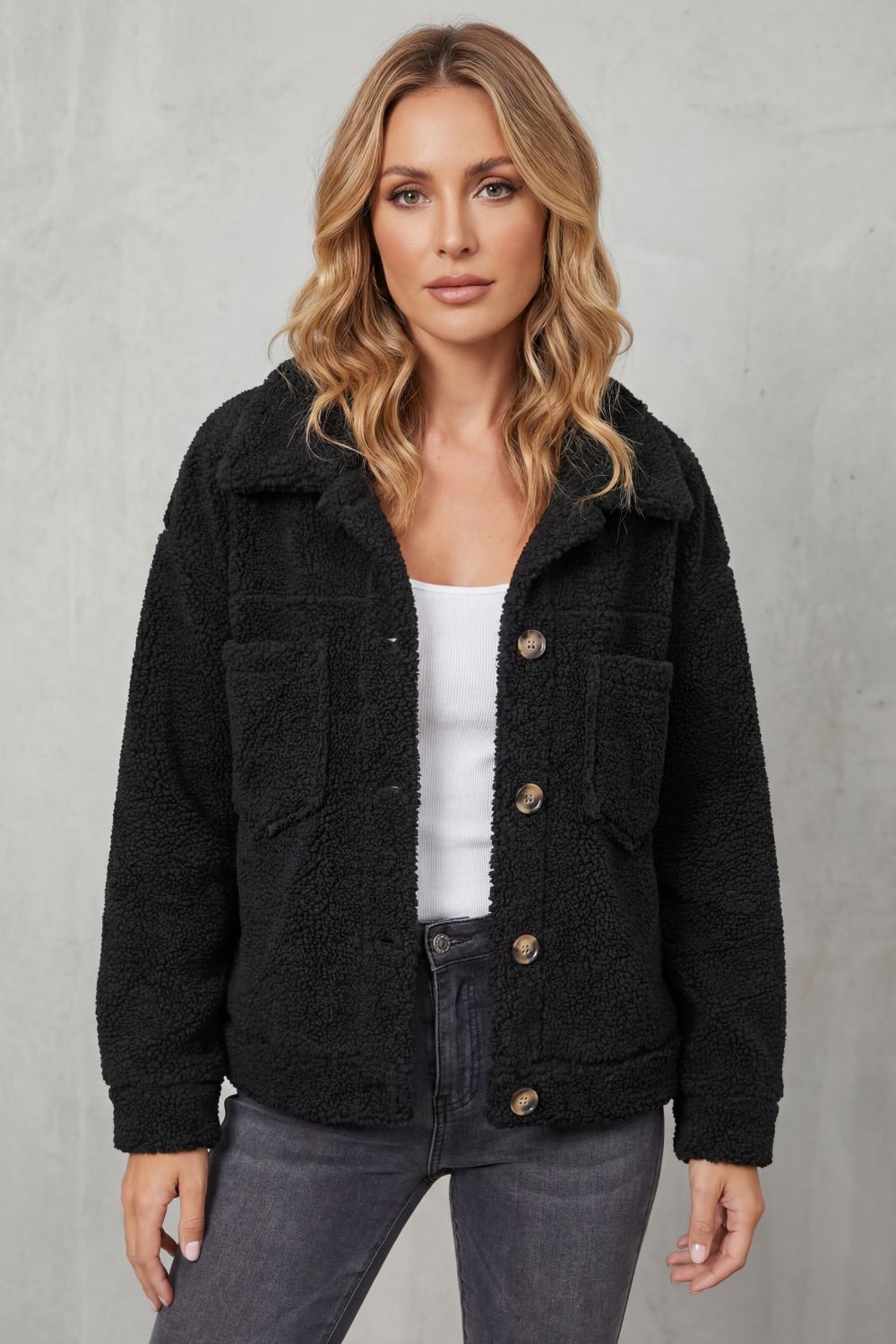 Women's Teddy Fleece Jacket with Button Front and Chest Pockets
