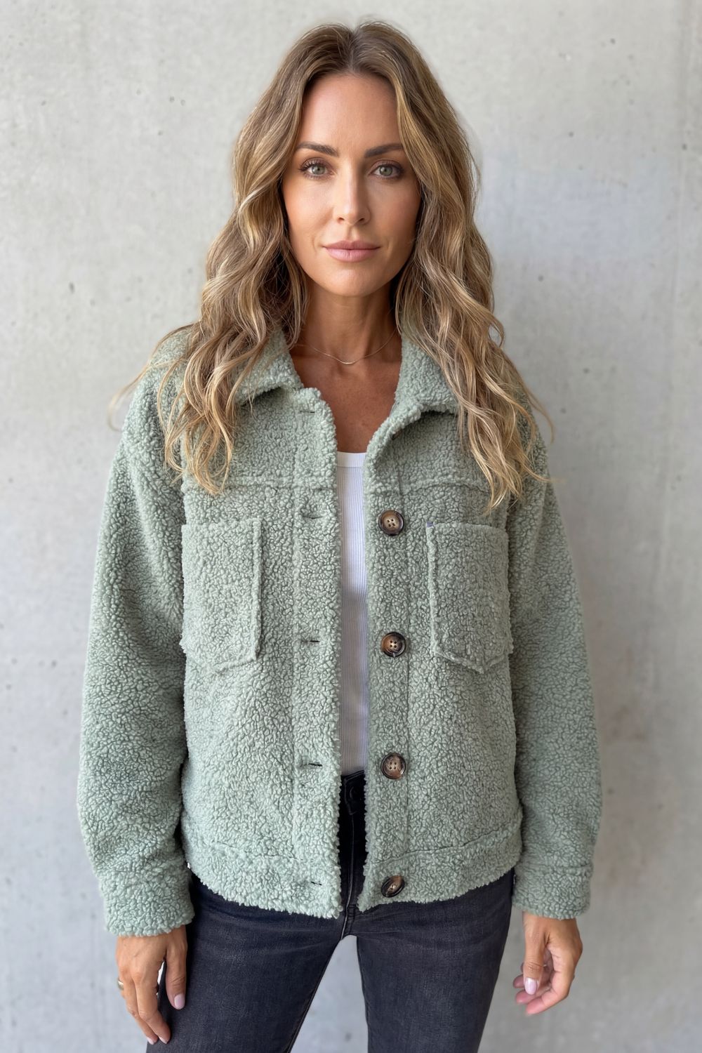 Women's Teddy Fleece Jacket with Button Front and Chest Pockets