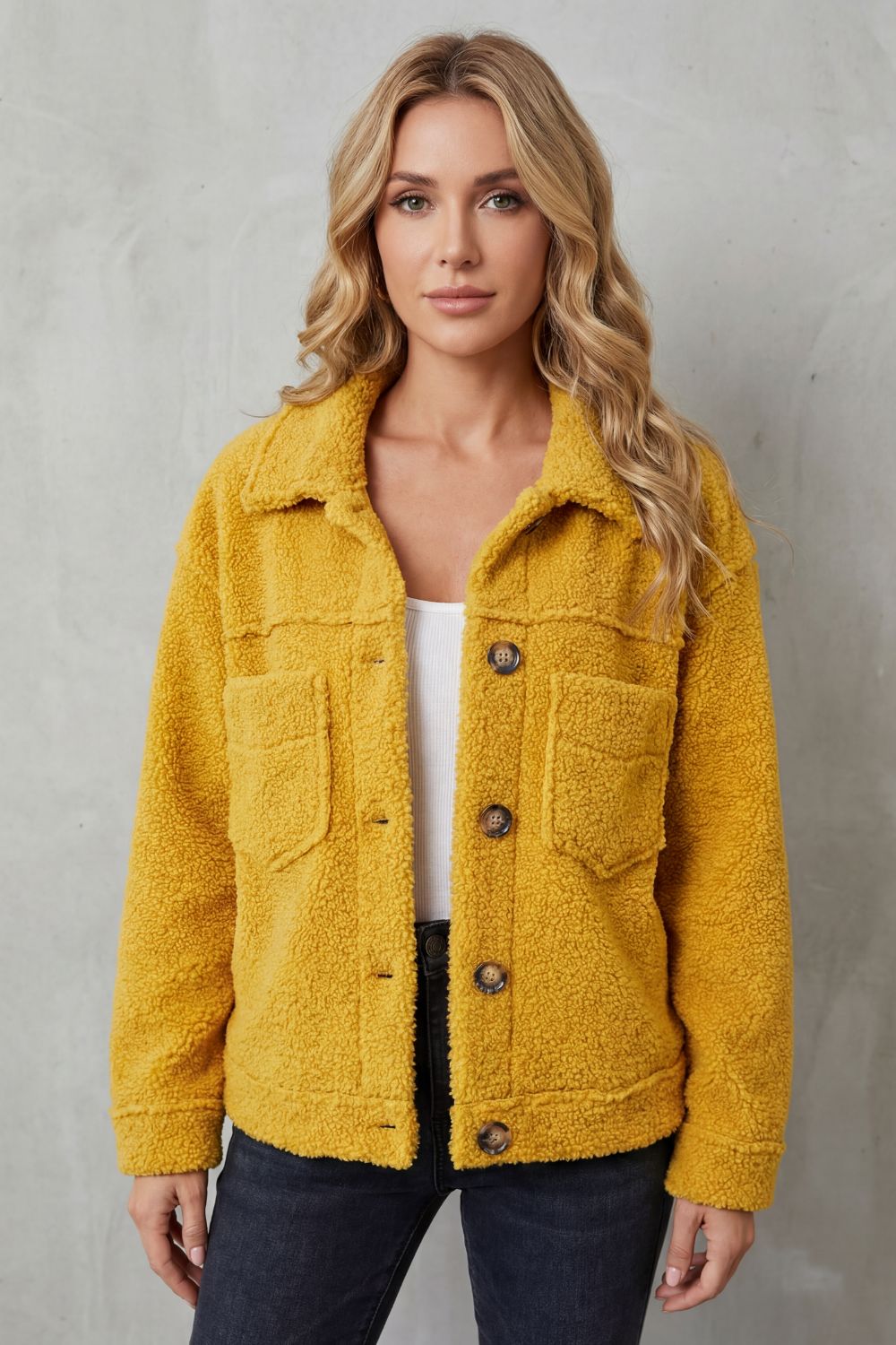 Women's Teddy Fleece Jacket with Button Front and Chest Pockets