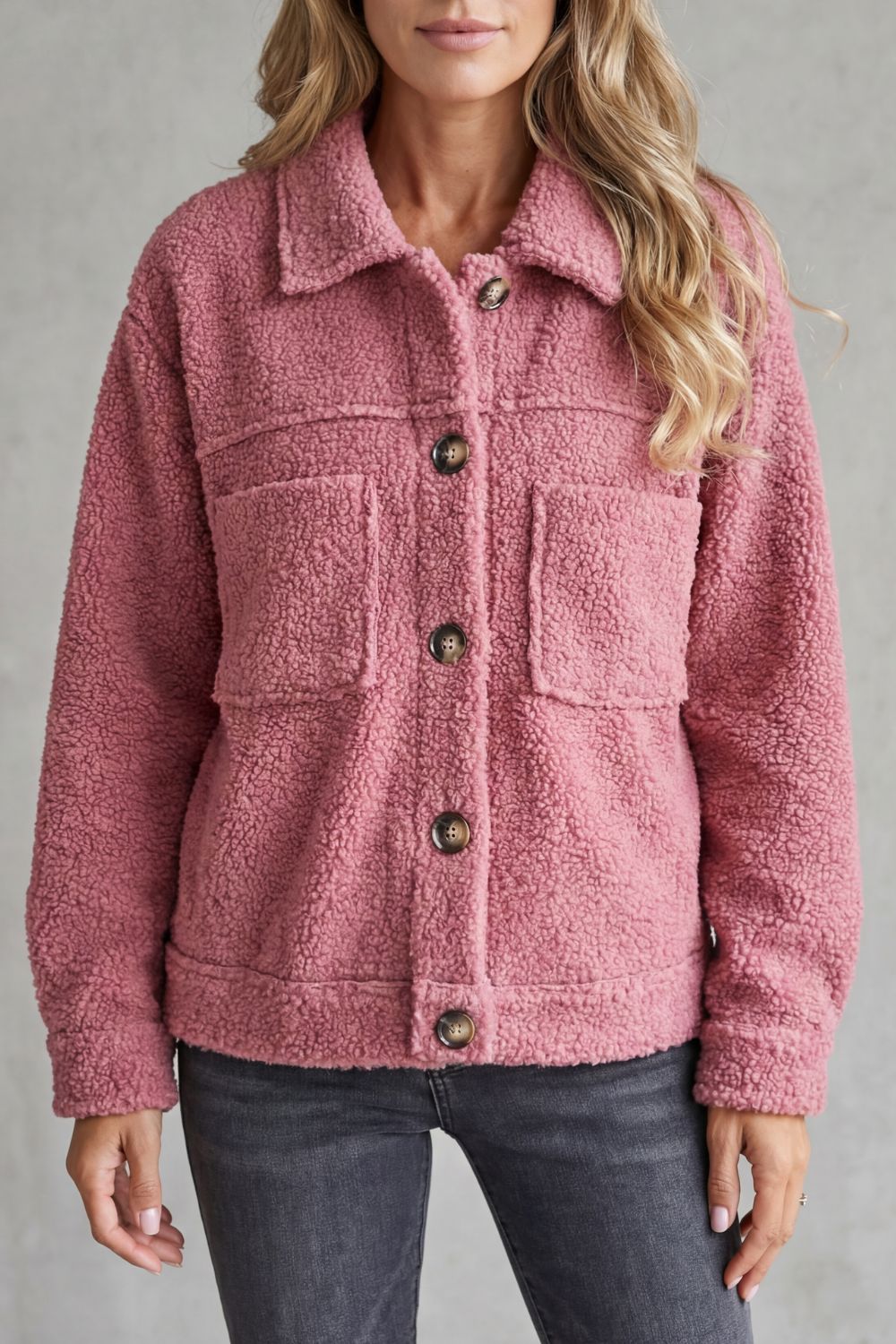Women's Teddy Fleece Jacket with Button Front and Chest Pockets