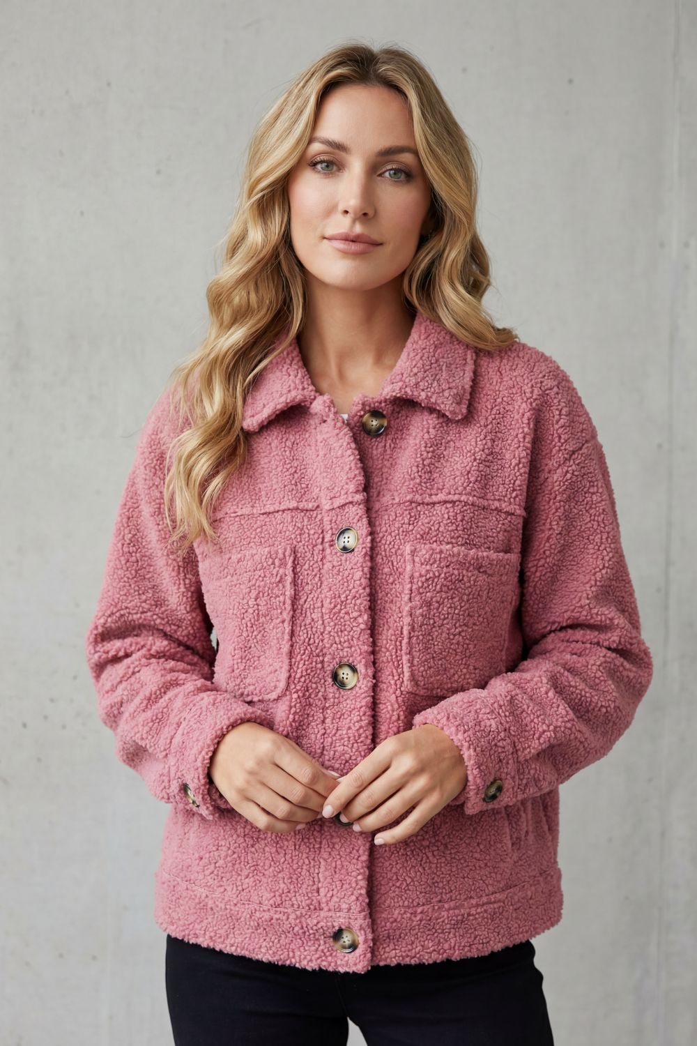 Women's Teddy Fleece Jacket with Button Front and Chest Pockets