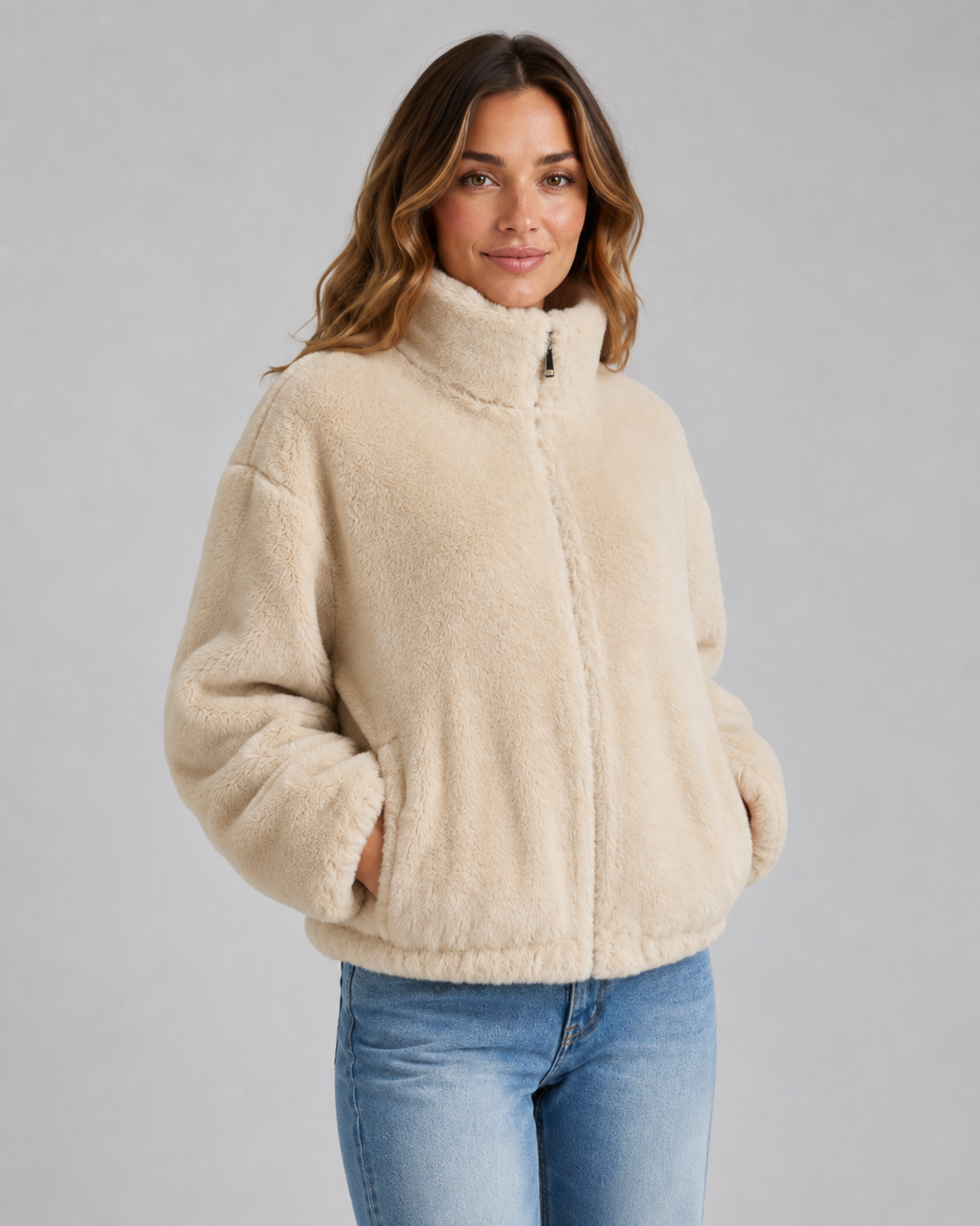 Women's Beige Teddy Jacket with Funnel Neck and Zip Front