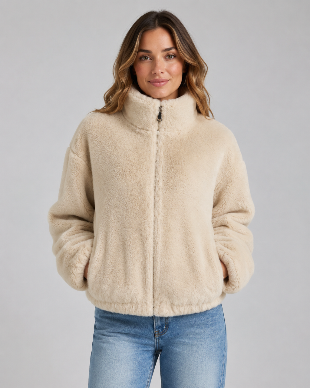 Women's Beige Teddy Jacket with Funnel Neck and Zip Front