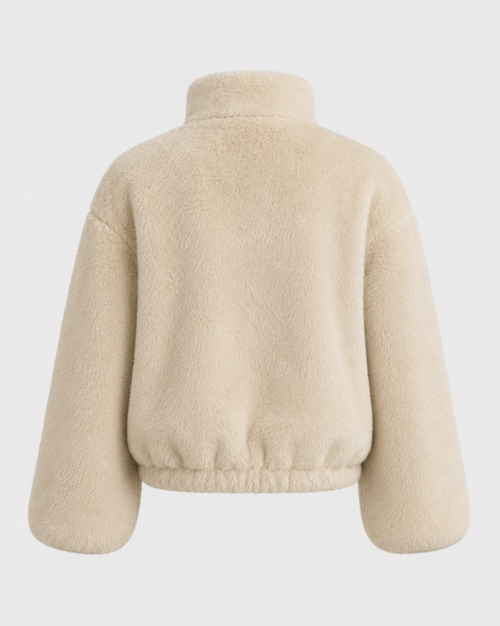 Women's Beige Teddy Jacket with Funnel Neck and Zip Front