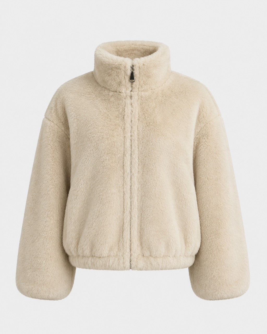 Women's Beige Teddy Jacket with Funnel Neck and Zip Front