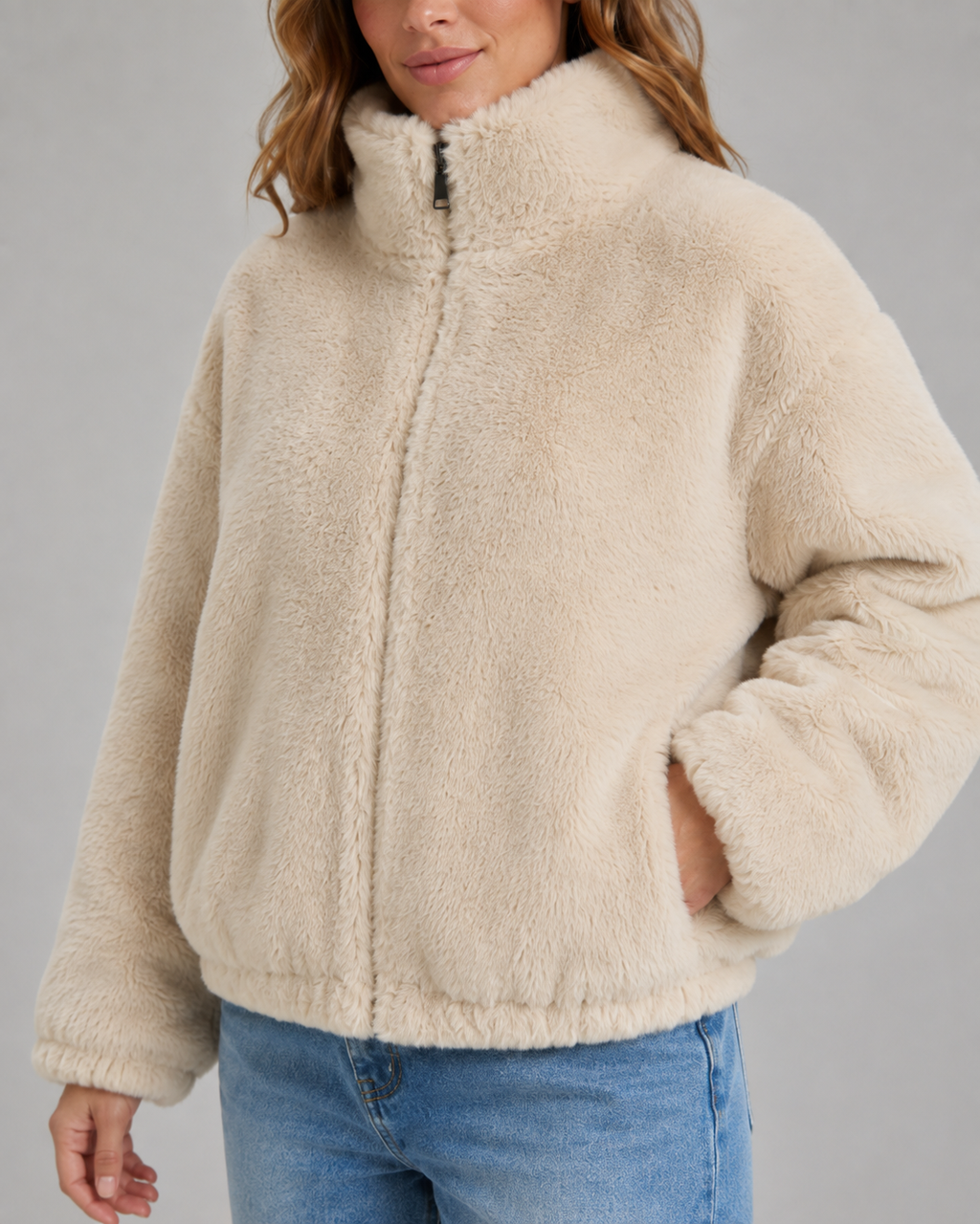 Women's Beige Teddy Jacket with Funnel Neck and Zip Front