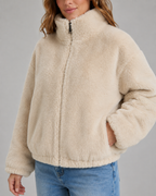 Women's Beige Teddy Jacket with Funnel Neck and Zip Front