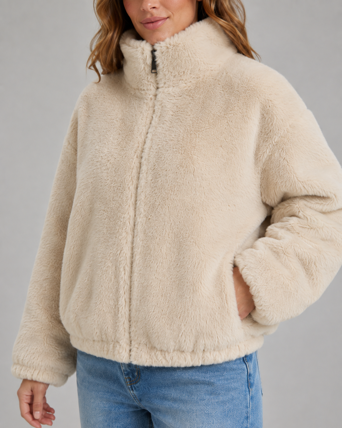 Women's Beige Teddy Jacket with Funnel Neck and Zip Front