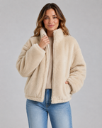Women's Beige Teddy Jacket with Funnel Neck and Zip Front