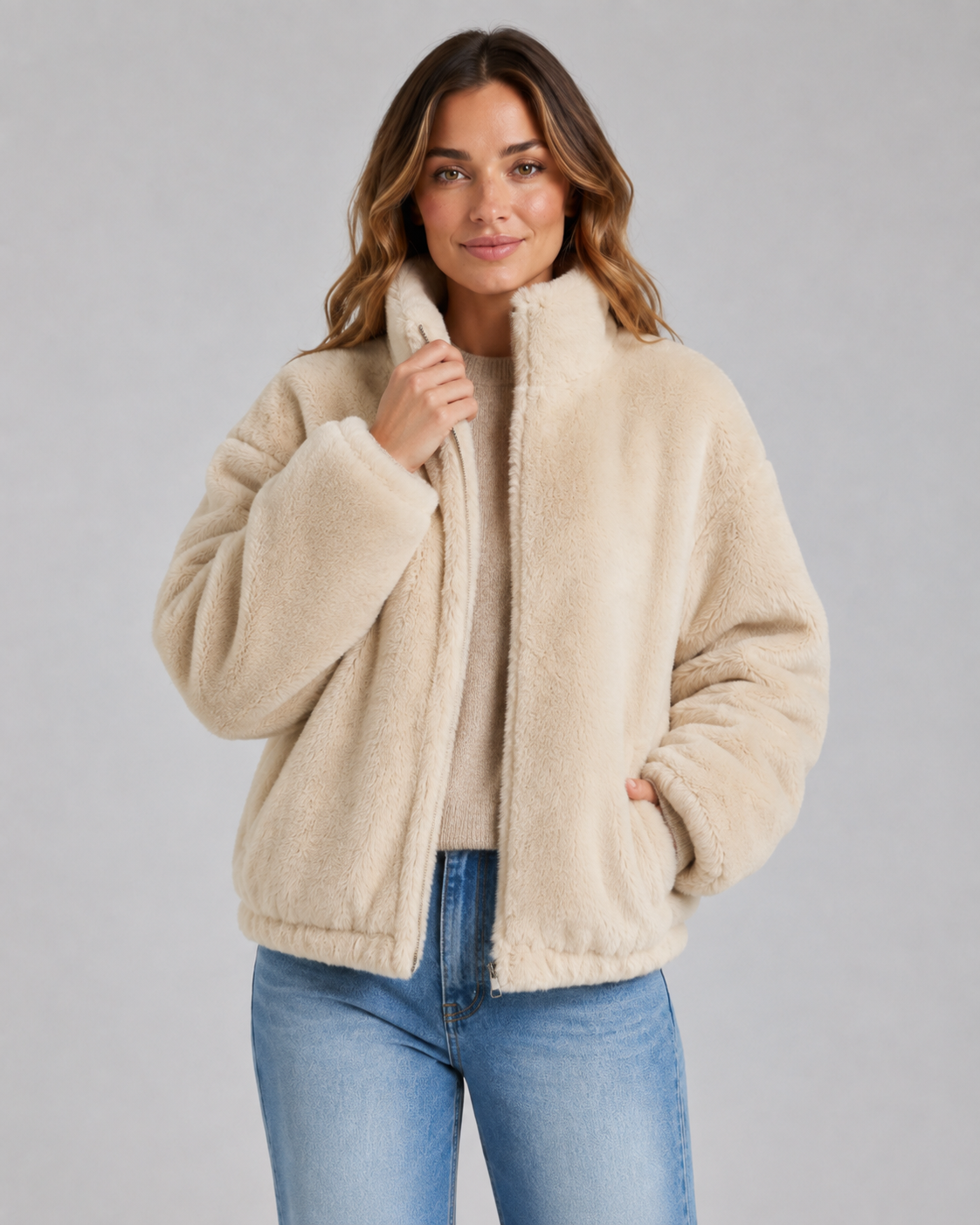 Women's Beige Teddy Jacket with Funnel Neck and Zip Front