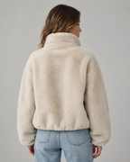 Women's Beige Teddy Jacket with Funnel Neck and Zip Front