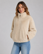 Women's Beige Teddy Jacket with Funnel Neck and Zip Front