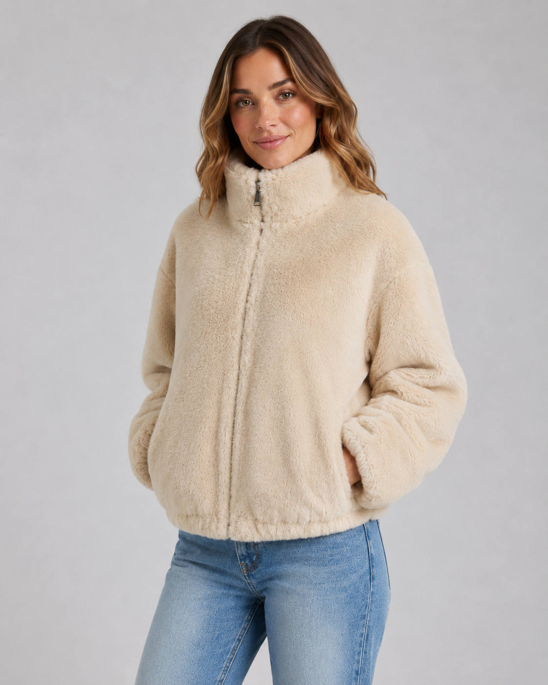 Women's Beige Teddy Jacket with Funnel Neck and Zip Front