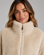 Women's Beige Teddy Jacket with Funnel Neck and Zip Front