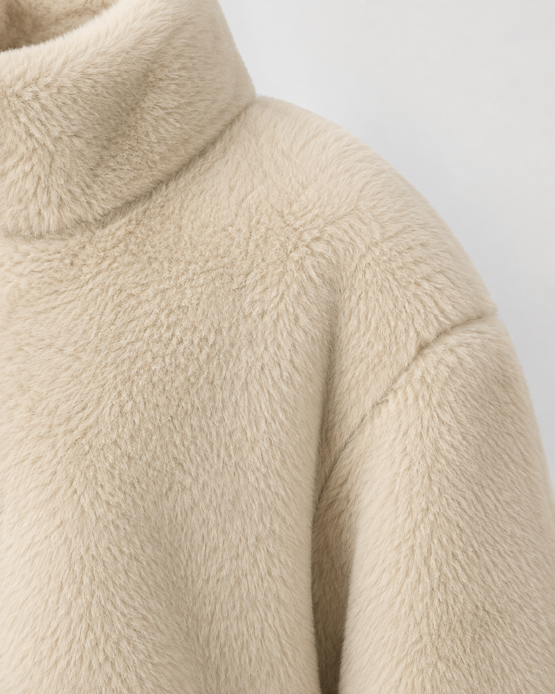 Women's Beige Teddy Jacket with Funnel Neck and Zip Front