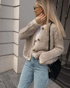 Women's Boucle Teddy Jacket | Collarless Button Up Short Autumn Coat