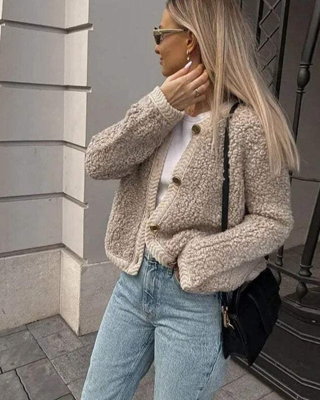 Women's Boucle Teddy Jacket | Collarless Button Up Short Autumn Coat