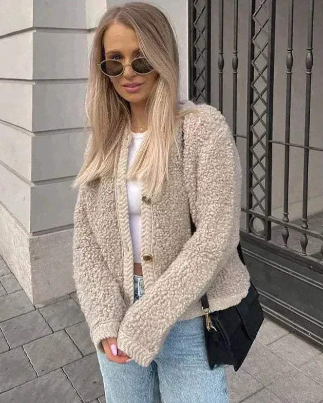 Women's Boucle Teddy Jacket | Collarless Button Up Short Autumn Coat