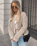 Women's Boucle Teddy Jacket | Collarless Button Up Short Autumn Coat