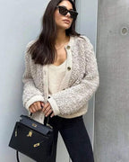 Women's Boucle Teddy Jacket | Collarless Button Up Short Autumn Coat