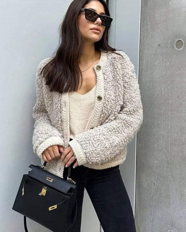 Women's Boucle Teddy Jacket | Collarless Button Up Short Autumn Coat