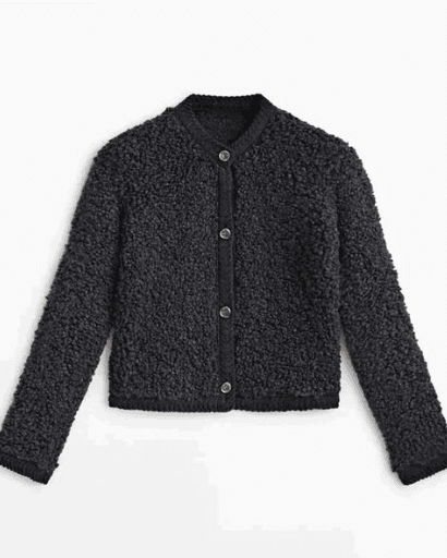 Women's Boucle Teddy Jacket | Collarless Button Up Short Autumn Coat