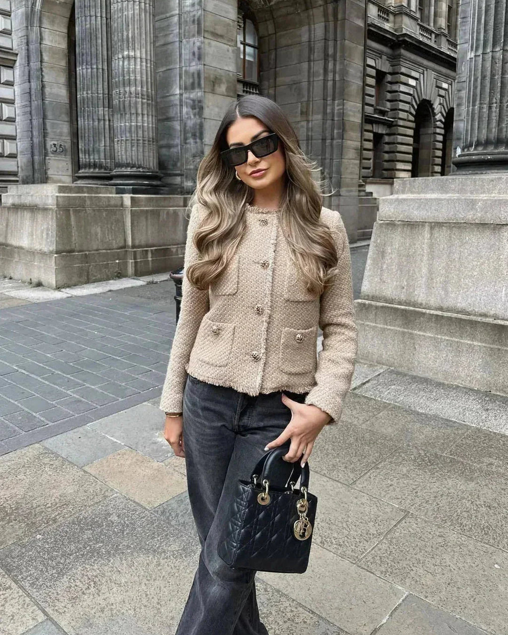Women's Tweed Boucle Jacket | Collarless Button Up Cropped Blazer