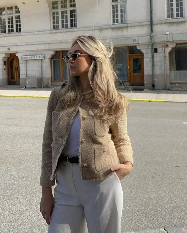 Women's Tweed Boucle Jacket | Collarless Button Up Cropped Blazer
