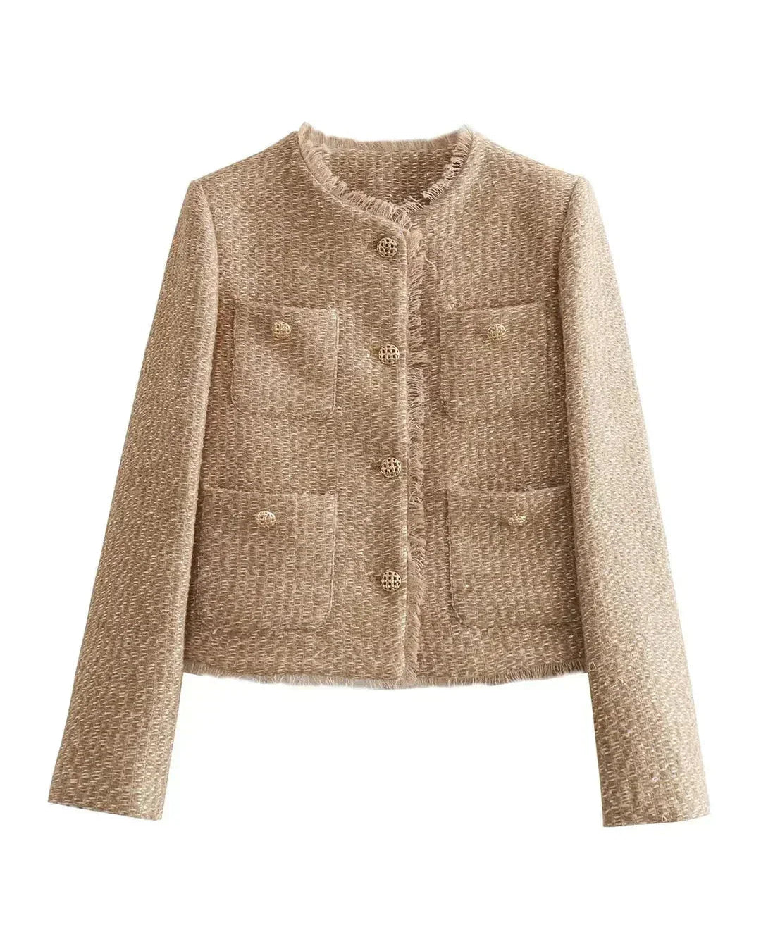 Women's Tweed Boucle Jacket | Collarless Button Up Cropped Blazer