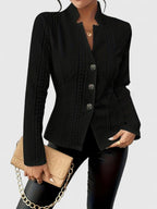 Women's Textured Blazer with Stand Collar and Button Front