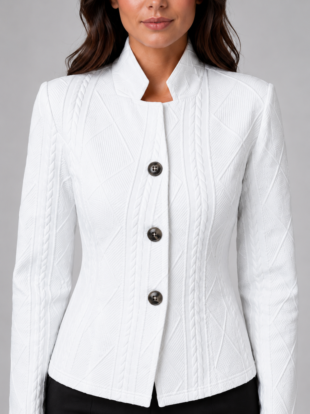 Women's Textured Blazer with Stand Collar and Button Front