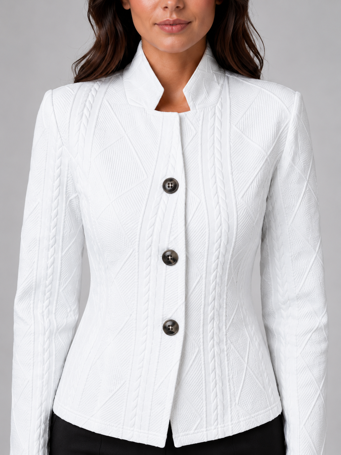Women's Textured Blazer with Stand Collar and Button Front