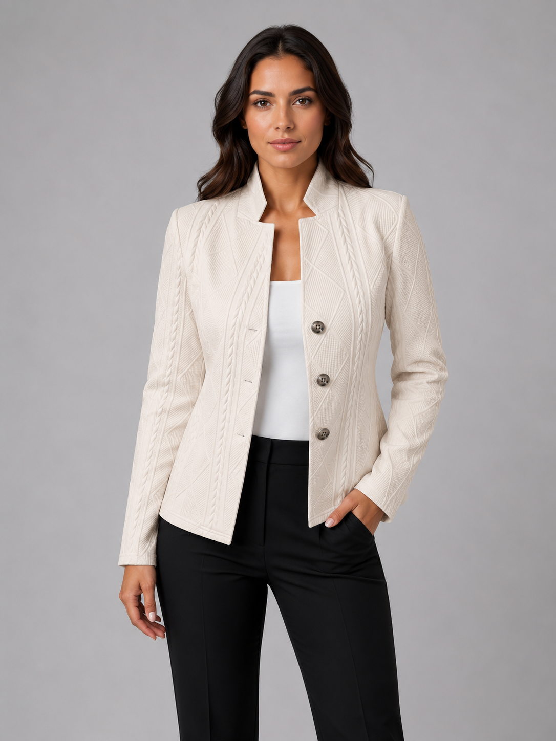 Women's Textured Blazer with Stand Collar and Button Front