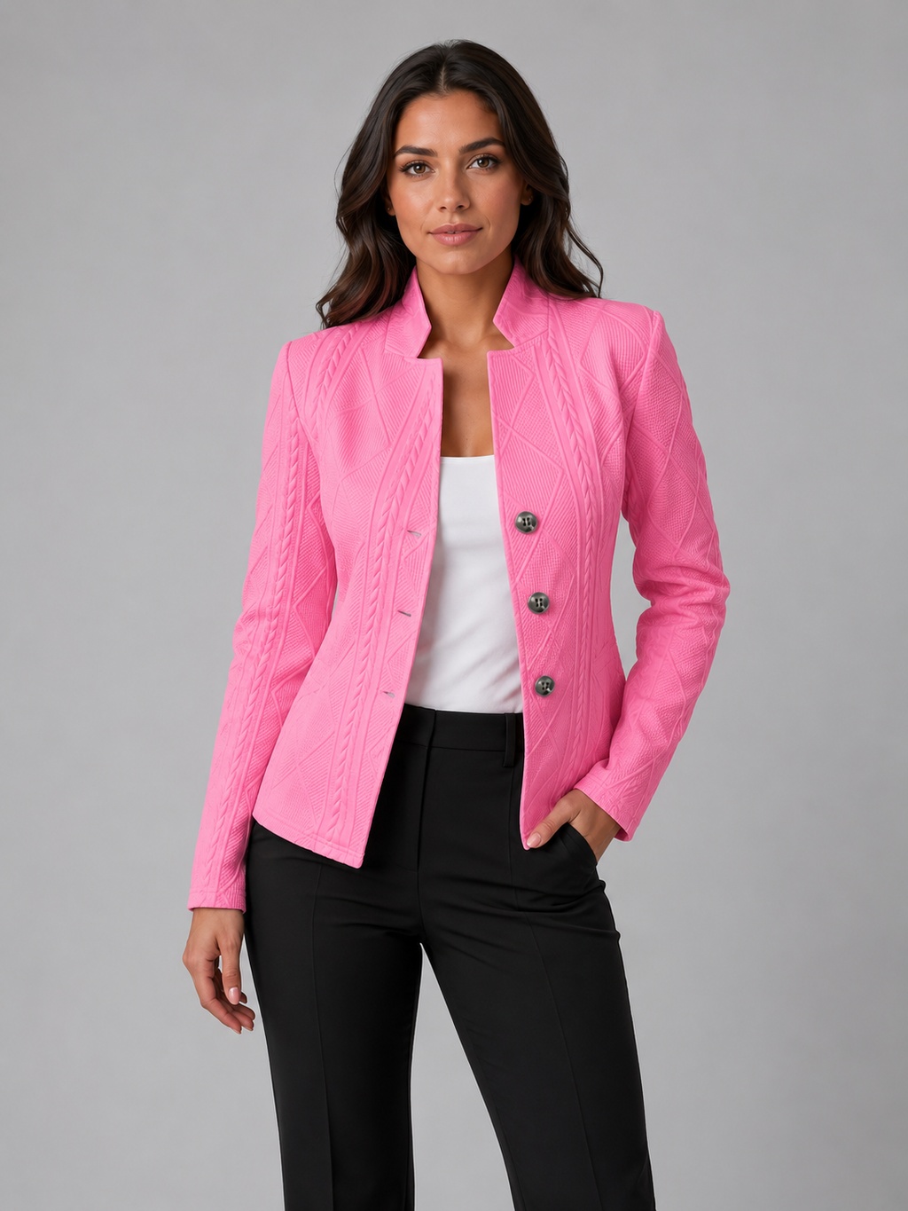 Women's Textured Blazer with Stand Collar and Button Front