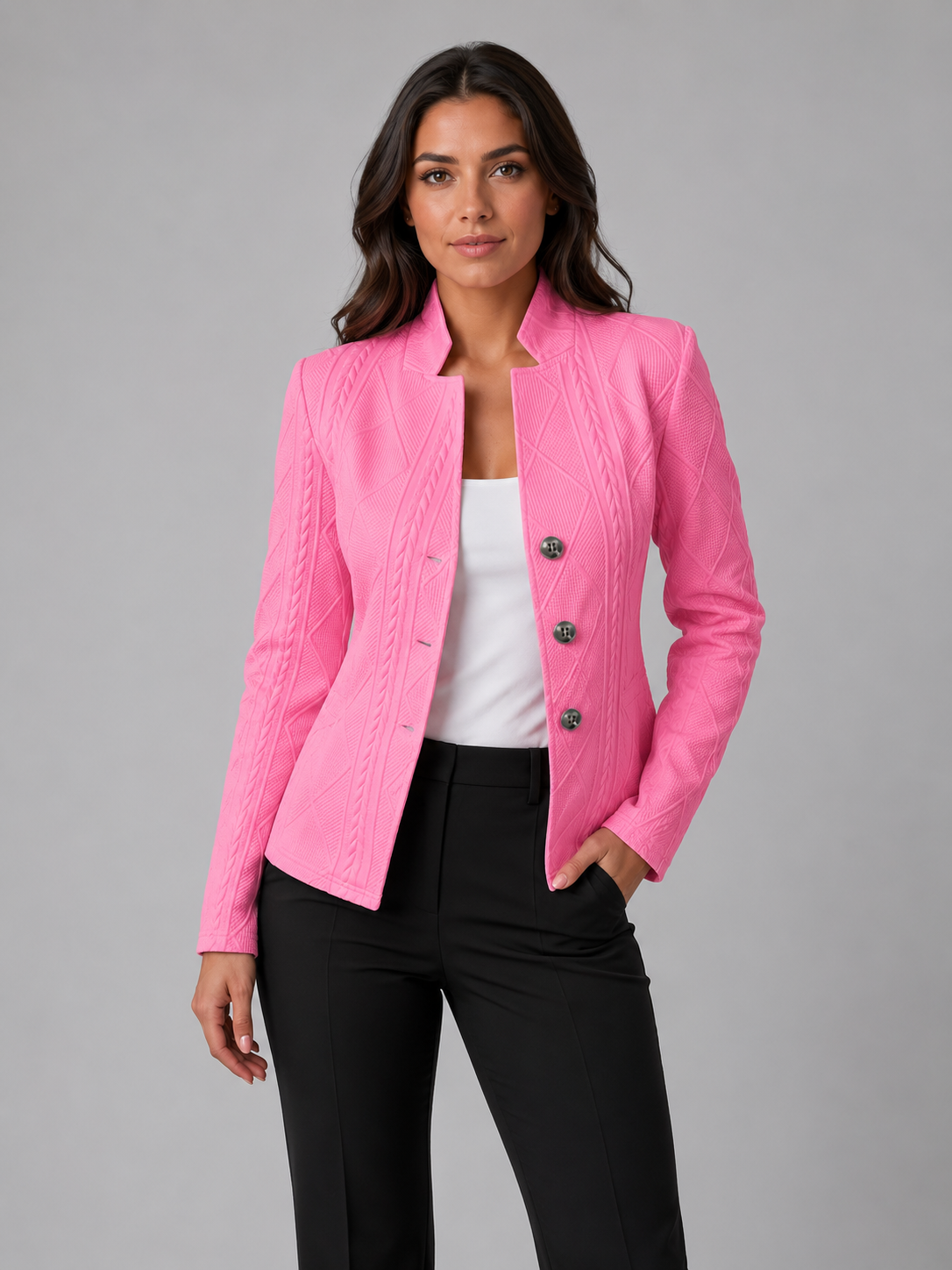 Women's Textured Blazer with Stand Collar and Button Front