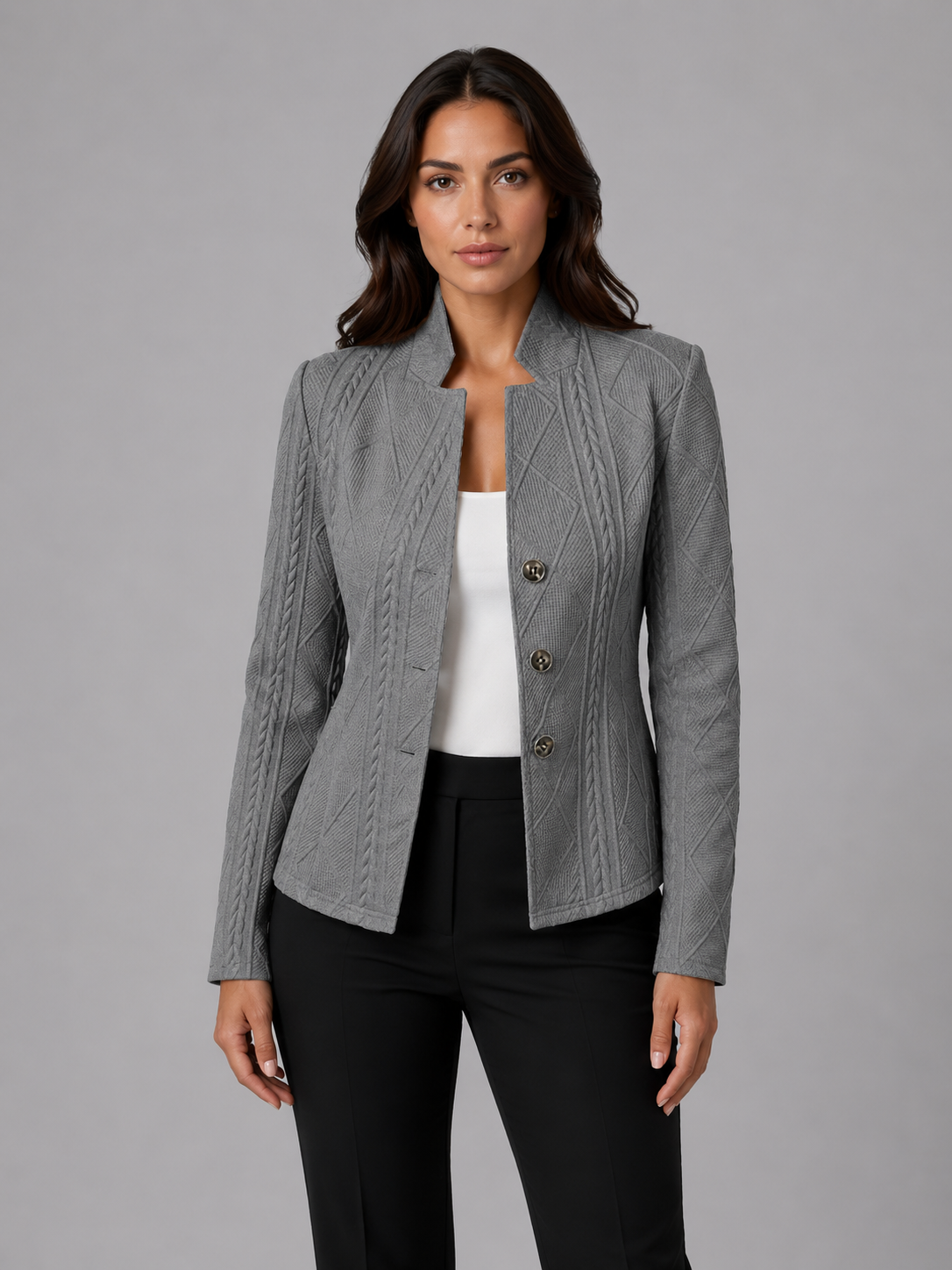 Women's Textured Blazer with Stand Collar and Button Front