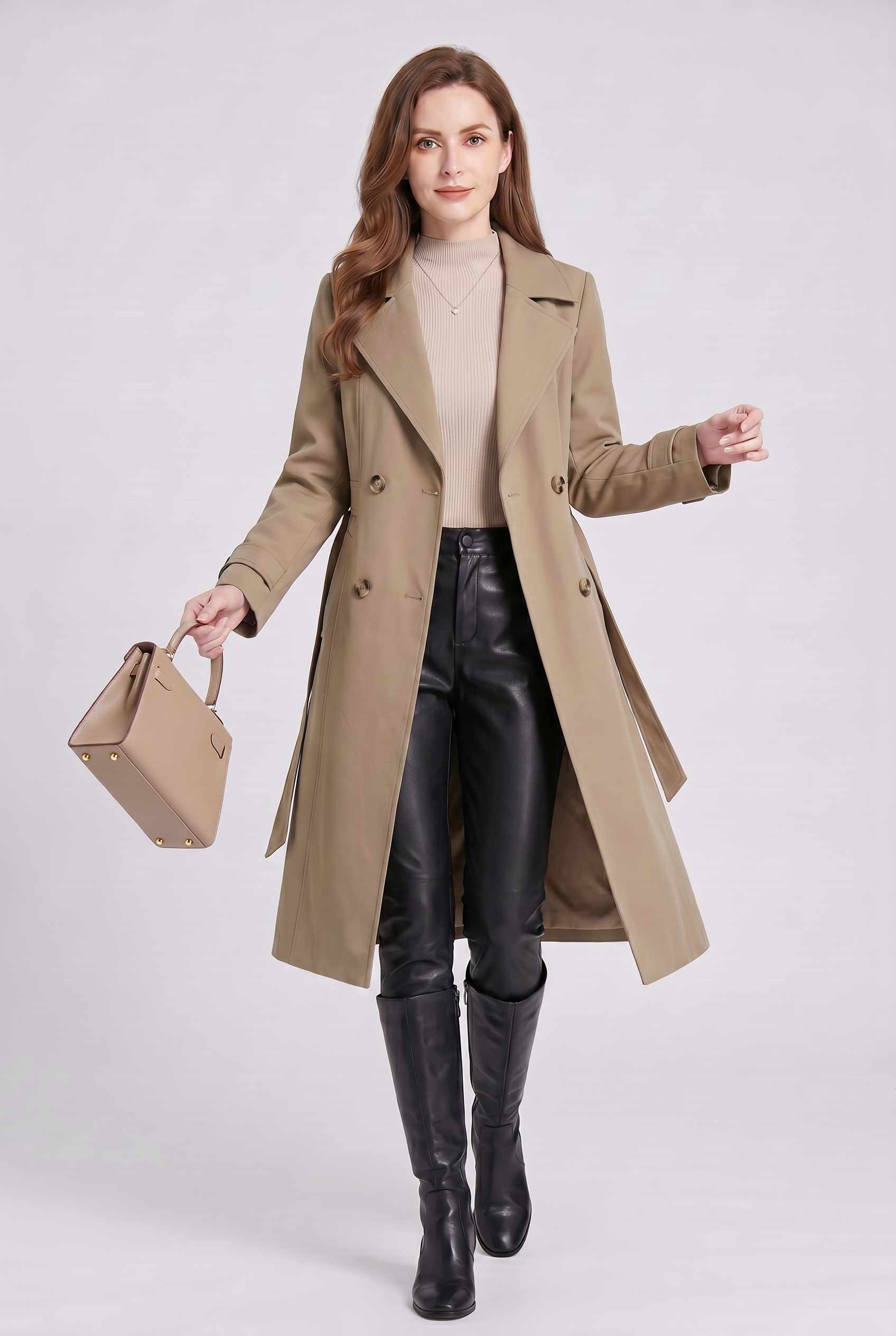 Women's Trench Coat with Double-Breasted Front and Longline Fit