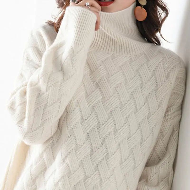 Women's Turtleneck Knit Jumper with Basket Weave Texture - Beige