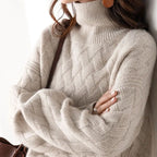 Women's Turtleneck Knit Jumper with Basket Weave Texture - Tan