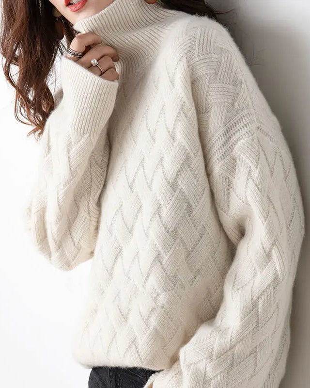 Women's Turtleneck Knit Jumper with Basket Weave Texture