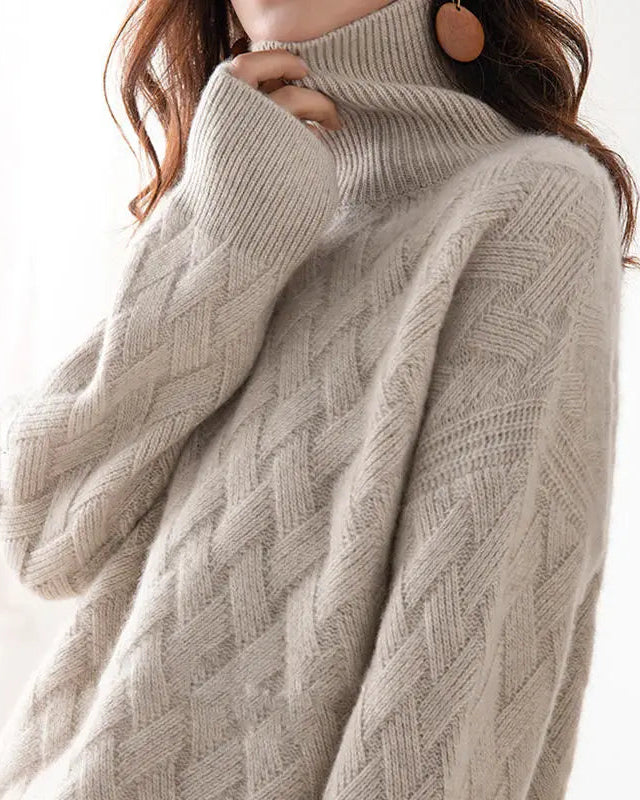 Women's Turtleneck Knit Jumper with Basket Weave Texture