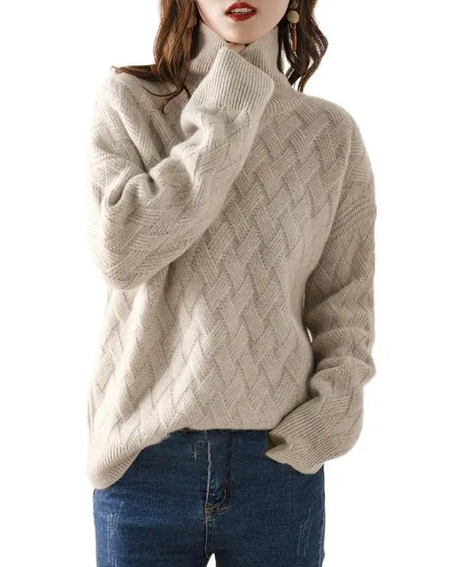 Women's Turtleneck Knit Jumper with Basket Weave Texture