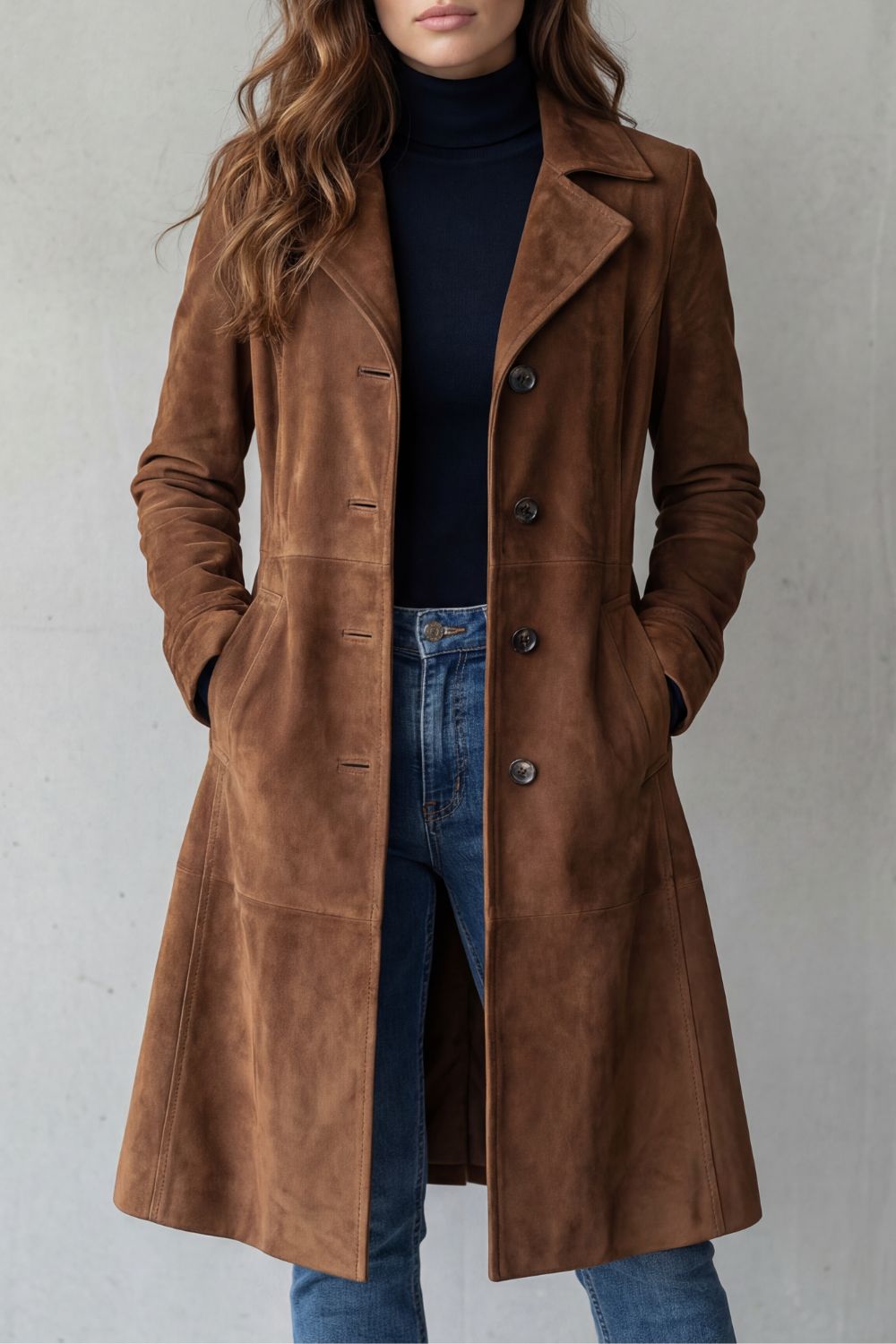 Women's Long Suede Finish Coat with Button Front and Notch Lapels