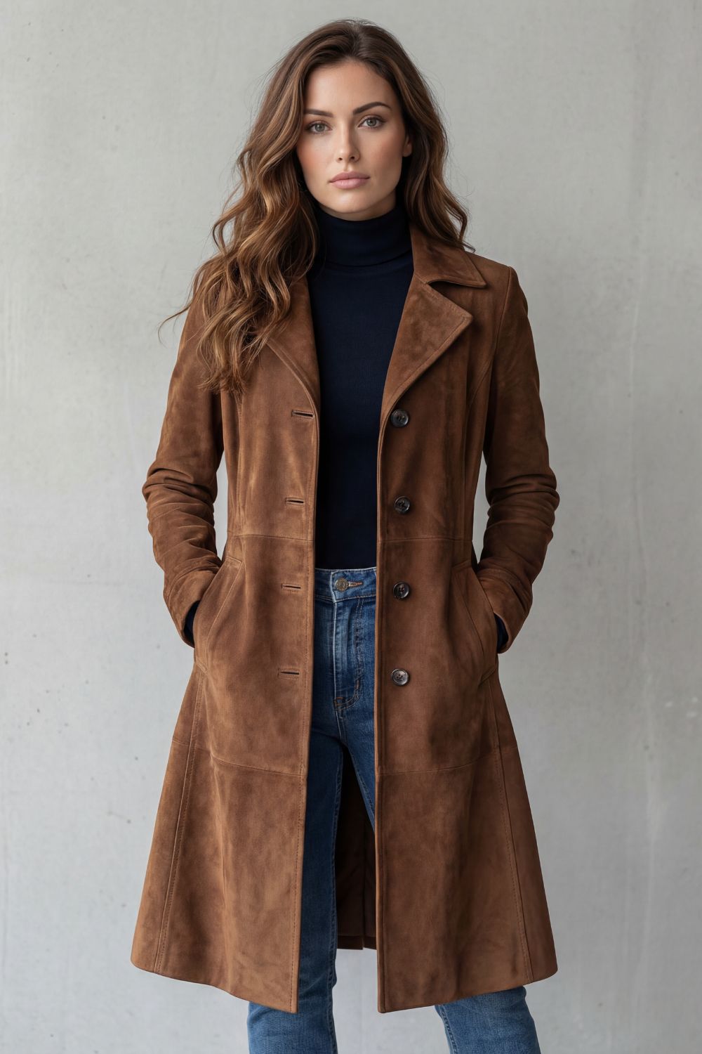Women's Long Suede Finish Coat with Button Front and Notch Lapels